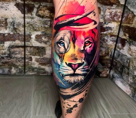 Colorful Lion Tattoo, Tatuaje Trash Polka, Colored Tattoo Design, Colorful Tattoo, Lioness Tattoo, Lion Tattoo Sleeves, Lion Head Tattoos, Chicano Tattoos, Lion Tattoo Design