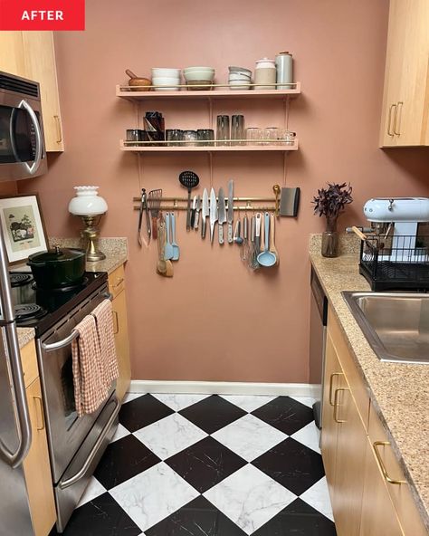 Rental Kitchen Storage, Kitchen With Wood Shelves, Small Rental Kitchen Ideas, Ugly Kitchen Makeover, Renter Friendly Kitchen Upgrades, Studio Apartment Kitchen Ideas, Renter Friendly Kitchen Makeover, Small Apartment Kitchen Ideas, Rental Friendly Upgrades