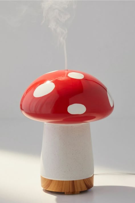 This fun essential oil diffuser looks like a whimsical toadstool mushroom with a white polka-dotted red cap. Mushroom Room Decor, Mushroom Bedroom, Lash Room Ideas, Toadstool Mushroom, Cottagecore Room Decor, Flower Bedroom, Hippie Homes, Lash Room, Mushroom Decor