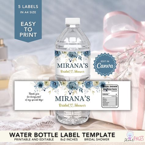 Bridal Shower Water Bottle, DIY Water Bottle Labels, Editable Bottle Sticker Label, Floral Bottle Labels, Bottle Wrapper, Dusty Blue Wedding by IdealPages on Etsy Bridal Water Bottles, Bachelorette Water Bottle Labels, Bridal Shower Water Bottle Labels, Free Baby Shower Water Bottle Labels, Diy Water Bottle Labels, Personalized Water Bottle Labels Icustomlabel, Diy Water Bottle, Water Bottle Labels Template, Bottle Label Template