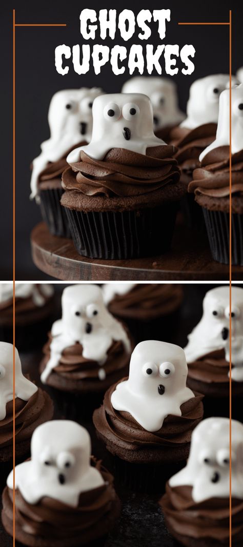 Ghost cupcakes are the perfect spooky treat for celebrating Halloween! All your ghouls and goblins will love making and eating these halloween cupcakes. Halloween Cupcakes Gore, Marshmallow Ghost Cupcakes, White Halloween Cupcakes, Spooky Halloween Baked Goods, Mini Halloween Cupcakes For Kids, Decorating Halloween Cupcakes, Cupcake Designs Halloween, Bat Cupcakes Halloween, Halloween Cupcakes Ghost