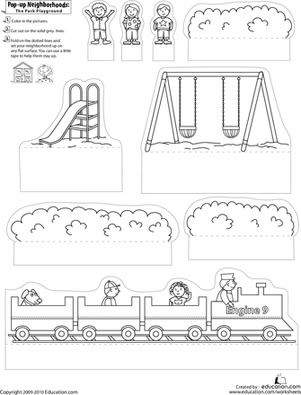 First Grade Paper Projects Worksheets: Pop-Up Neighborhoods: The Park Playground Playground House, Paper City, Park Playground, Community Helpers, Up Book, Pop Up Book, Planning Printables, Pop Ups, Paper Toys