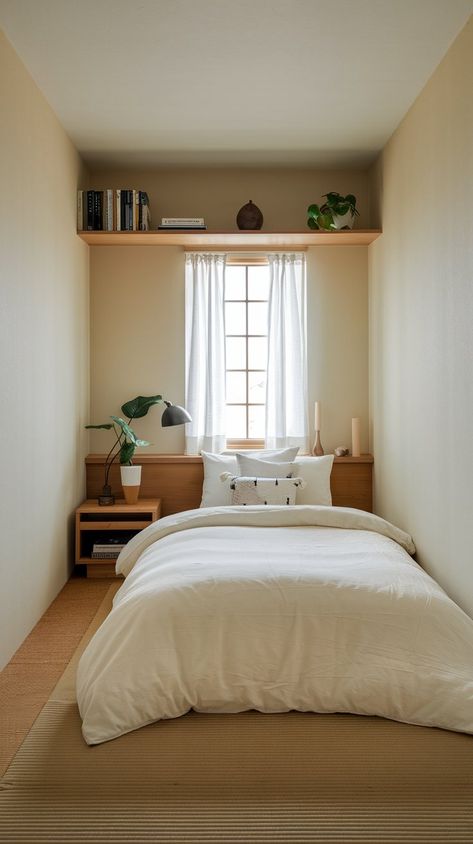 Very Narrow Bedroom, No Bedroom Apartment, King Bed In Tiny Room, Guest House Room Ideas, Small And Cozy Bedroom, Scandi Chic Bedroom, Guest Bedroom Ideas For Small Rooms, Small Bedroom Ideas King Bed, Cozy Single Bedroom