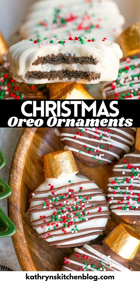 Oreo Ornament Cookies (Easy & No-Bake Recipe) Oreo Cookie Santas, Oreo Cookies Christmas Ideas, Oreo Santa Cookies, Oreo Ornament Cookies, Oreo Christmas Cookies, Cookies With Oreos, Christmas Rice Krispies, Fun Rice Krispie Treats, Christmas Oreos