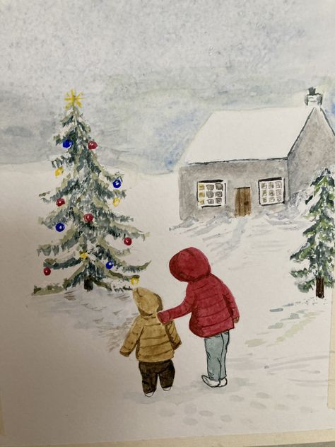 Winter Simple Drawings, Christmas Scene Watercolor, Christmas Drawings Beautiful, Watercolor Christmas Cards Diy, Christmas Sketch, Winter Drawings, Painted Christmas Cards, Xmas Art, Sheet Music Art