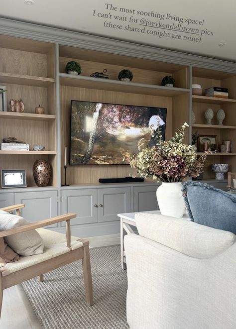 Den/tv Room, Television Built In Cabinets, Colourful Sitting Room, Built In Tv Units In Living Room, Built Ins Around Tv, Tv Built In Wall Unit, Basement Family Room Design, Built In Shelves Living Room, Living Room Wall Units