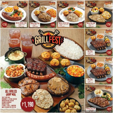 Kenny Rogers Restaurant, Kenny Rogers Roasters, Strawberry Ice Cream Cake, Restaurant Ad, Chicken Plating, Steak Plates, Grilled Sausage, Kenny Rogers, Fish Plate