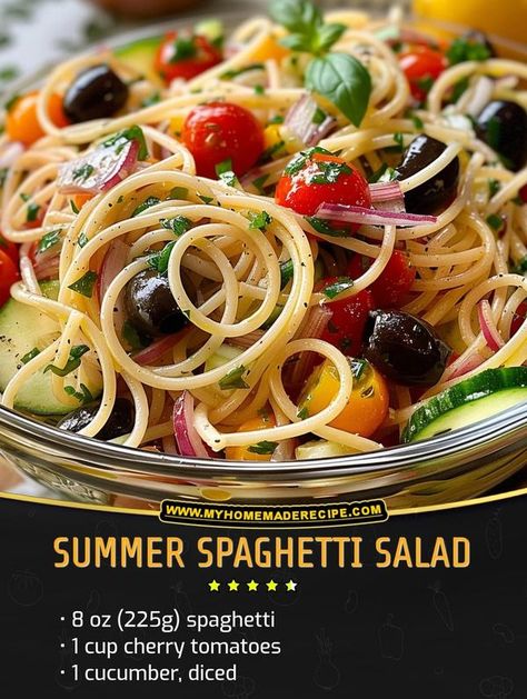 Easy and tasty recipes | Summer Spaghetti Salad Spaghetti Salad, Summer Spaghetti, Recipes Summer, Family Cookbook, Healthy Low Carb Recipes, Summer Salad, Red Bell Pepper, Tasty Recipes, Salad Ingredients