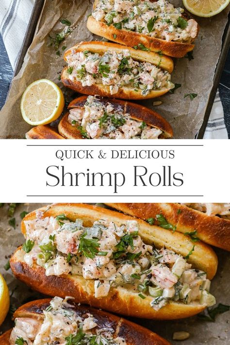 This East Coast Shrimp Rolls recipe will make you feel like you are spending the day along the Atlantic. The recipe combines shrimp with a scrumptious herb mayo and buttered bun for a New England experience no matter where you live. Visit Sugar Maple Farmhouse to find the full recipe for Shrimp Rolls. Shrimp Lobster Roll, Crab And Shrimp Roll, Shrimp Hoagie Sandwiches, New England Shrimp Rolls, Recipes Using Tiny Canned Shrimp, Shrimp Hamburger Recipes, Old Bay Shrimp Rolls, Best Seafood Dinner Recipes, Lobster Roll Sandwich