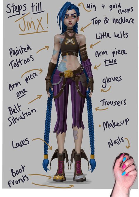 Arcane Jinx Outfits, Jinx Writing, Jinx Arcane Outfit, Jinx Outfit Ideas, Arcane Halloween Costume, Jinx Makeup Tutorial, Arcane Oc Outfits, Arcane Inspired Outfits, Diy Jinx Costume