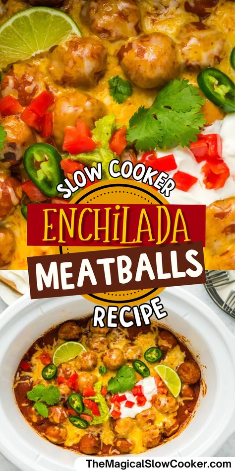 Looking for a delicious and hassle-free meal that will satisfy the entire family? Look no further than Slow Cooker Enchilada Meatballs! Bursting with flavor and packed with protein, these enchilada meatballs are sure to become a staple in your meal planning. - The Magical Slow Cooker Taco Meatballs Crockpot, Enchilada Meatballs Crockpot, Slow Cooker Frozen Meatballs, Enchilada Meatballs, Meatballs Crockpot, Frozen Meatball Recipes, Magical Slow Cooker, Slow Cooker Enchiladas, The Magical Slow Cooker