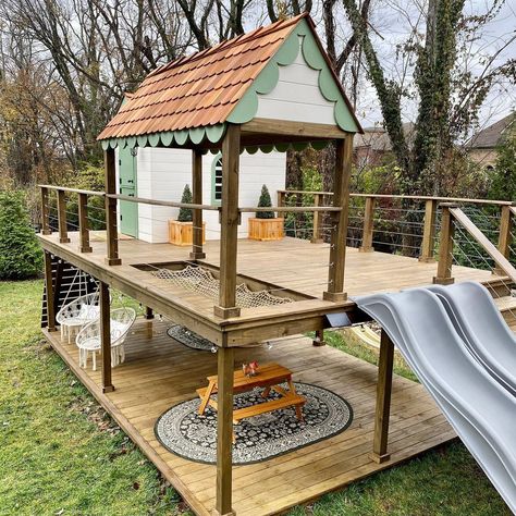 NEW FORT!😍 Double decks. Scallops everywhere. In-deck hammock. Double slides... I just can’t say enough about this amazing fort we just… | Instagram Backyard Play Spaces, Kids Yard, Backyard Goals, Kids Backyard Playground, Playhouse Plans, Play Area Backyard, Backyard Kids, Backyard Kids Play Area, Kids Backyard