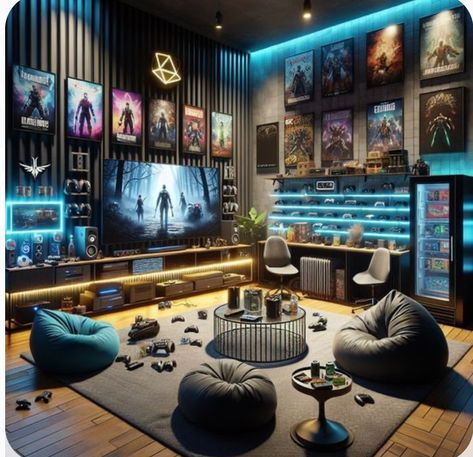 Gaming Cave Ideas, Bean Bag Game Room, Man Cave Guest Room Combo, Men’s Game Room, Gaming Room Lights, Console Gaming Room, Adult Gaming Room, Game Room Ideas Videogames, Indoor Entertainment Area