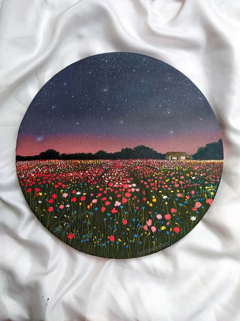 Things To Paint On Circle Canvas, Painting On Circle Canvas, Circle Canvas Painting Ideas, Circle Canvas Painting, Circle Paintings, Cherry Blossom Painting Acrylic, Easy Acrylic Painting Ideas, Tulip Garden, Circle Canvas