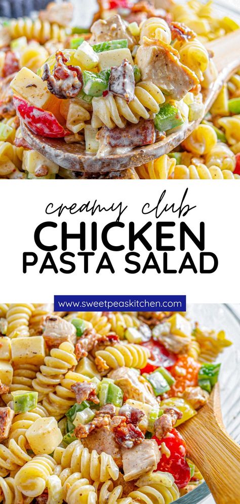 Based loosely on the Club Sandwich, this Pasta Salad has many of the same ingredients used in the Popular Club Sandwich! Club Sandwich Pasta Salad Recipe, Chicken Salad Recipe With Pasta, Chicken Club Salad, Club Sandwich Pasta Salad, Cold Chicken Pasta Salad Recipes, Club Sandwich Salad, Club Salad Recipe, Lunch Pasta Salad, Pasta Salad For Lunch