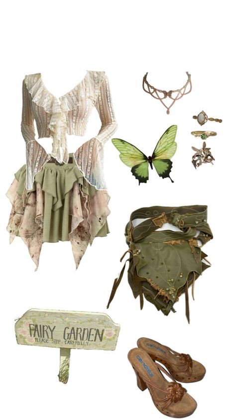 #fairycore #aesthetic #green #boho #garden #butterfly #fairy #white #outfit #inspo Mushroom Fairy Outfit Ideas, Moss Fairy Outfit, Fairycore Style Outfits, Whimsical Fairy Fashion, Easy Fairy Outfit, Spring Fairy Aesthetic Outfit, Garden Fairy Outfit Aesthetic, Outfits Inspired By Nature, Butterfly Core Aesthetic Outfit