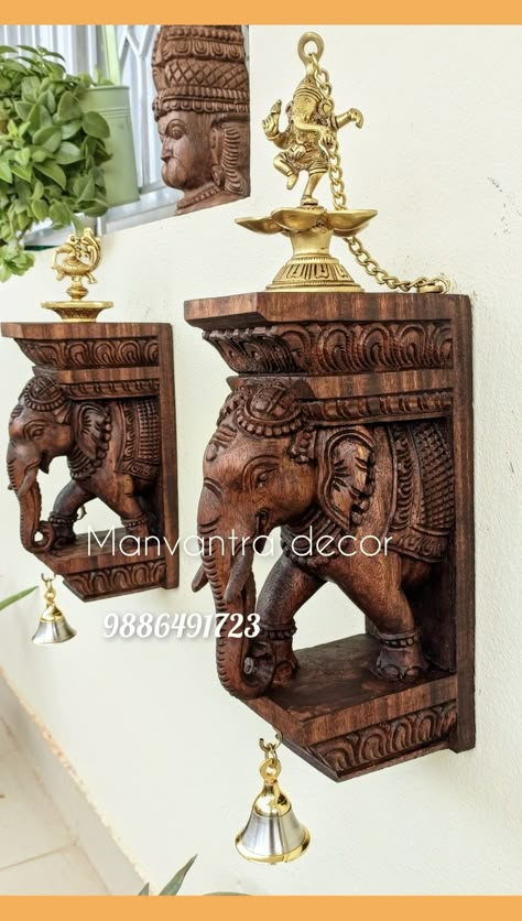 12 inches ht Completely handcarved in solid walnut wood. Entry Way Ganesha Decor, Wooden Hanging Decor, Curved Wall Decor Ideas, Pooja Room Ideas Indian Modern, Brass Wall Decor, Wood Carving Art Sculpture, Indian Wall Decor, Ganesha Idol, Antique Wall Decor