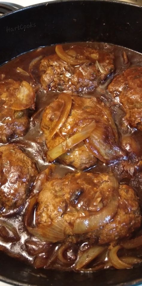 Hamburger Steak In Oven, Hamburger Steak Recipes, Hamburger Steak And Gravy, Hamburger Steaks, Juicy Hamburgers, Gravy Packet, Steak And Onions, Beef Soup Recipes, Soup With Ground Beef