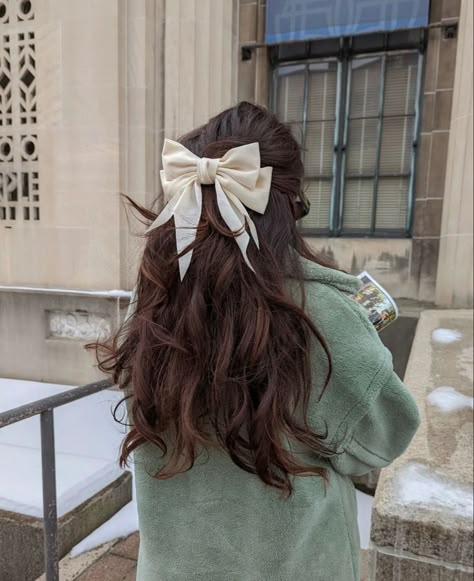 Tutorial Ideas, Romantic Hairstyles, Bow Hairstyle, Trendy Hairstyle, Clip Hairstyles, Ribbon Hairstyle, Blowout Hair, Hairstyle Tutorial, Half Up Half Down Hair