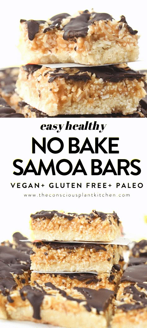 Samoa Bars, Conscious Plant Kitchen, Vegan Bars, Vegan Gluten Free Desserts, Plant Kitchen, Vegan Bar, Healthy Vegan Desserts, Cookies Easy, Raw Desserts