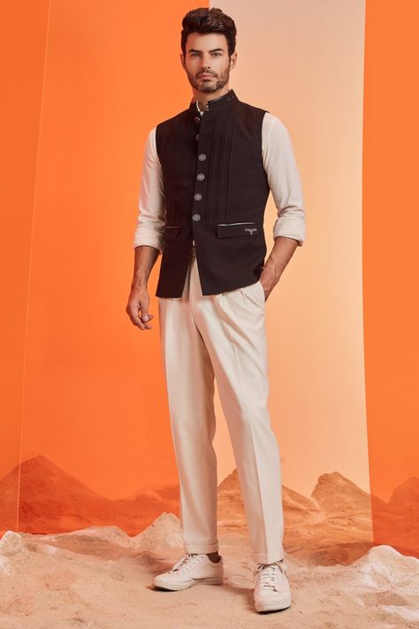 Casual Wedding Outfit, Embroidered Waistcoat, Crest Embroidery, Nehru Jacket For Men, Shantanu And Nikhil, Boys Kurta Design, Wedding Kurta For Men, Indian Groom Wear, Gents Kurta Design