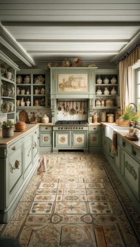 5 Chic Kitchen Cabinet Upgrades Cottage Core Cabinets, Sage Cupboards, Sage And Lavender Kitchen, Lower Kitchen Cabinet Ideas, Green Lower Kitchen Cabinets, Sage Green Cabinets, Kitchen Cabinets Upgrade, Luxurious Kitchen Design, French Kitchens