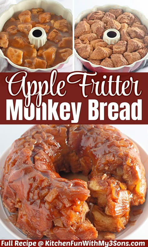 Apple Fritter Monkey Bread is a delicious pull-apart bread that is filled with apples and covered in a caramelized glaze. It's the perfect treat for breakfast or dessert. Apple Fritter Monkey Bread, Apple Monkey Bread, Monkey Bread Muffins, Monkey Bread Recipe, Apple Fritter Bread, Apple Fritter, Apple Recipes Easy, Apple Dessert Recipes, Fritter Recipes