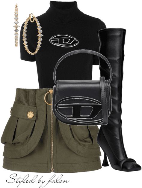 Diesel Dress Outfit, Diesel Outfit Ideas, Disel Outfit Girl, Y2k Sporty Outfits, Diesel Outfits, Diesel Clothes, Diesel Outfit, Diesel Skirts, Balmain Skirt