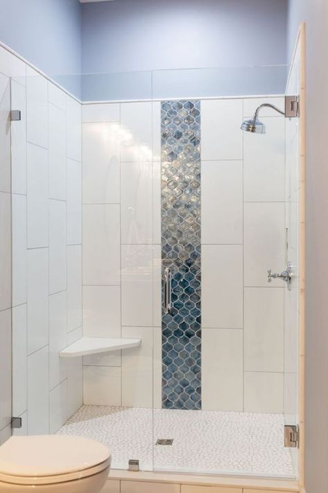 Arabesque Shower | Bathroom shower walls, Shower accent tile, Bathroom remodel shower Blue Bathroom Tile Ideas Accent Wall, Tile Accent Wall Bathroom, Basement Bathrooms, Shower Accent Tile, Tiled Showers, Blue Shower Tile, Blue Bathroom Tile, Small Bathroom Tiles, Shower Wall Tile