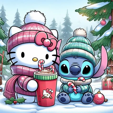 Christmas Aesthetic Wallpaper Stitch, Merry Christmas Stitch Wallpaper, Cute Stitch Christmas Wallpaper, Hello Kitty And Stitch, Stitch Navidad Disney, Stitch Hello Kitty, Painting Stitch, Stitch Christmas Wallpaper’s, Stitch Christmas Tree