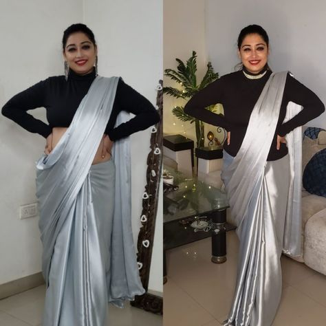 how to wear a saree in winter Saree With Top Blouse, Styling Saree With Tops, Turtle Neck Saree, Saree With High Neck Sweater, Saree With Turtle Neck Top, Turtle Neck Blouse Saree, Saree With Sweater In Winter, Winter Saree Outfit, Winter Saree Look