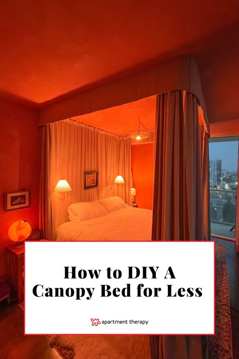 Create a DIY own canopy bed without buying a bulky bed frame using this smart, budget-friendly curtain mounting trick. How To Build Canopy Bed, Canopy For Bed Diy, Curtains For Canopy Bed, Platform Bed With Canopy, Diy Bed Canopy Curtains, Easy Bed Canopy Diy, Diy Canopy Tent Bedroom, Curtain Rod Bed Canopy, Ceiling Mounted Canopy Bed