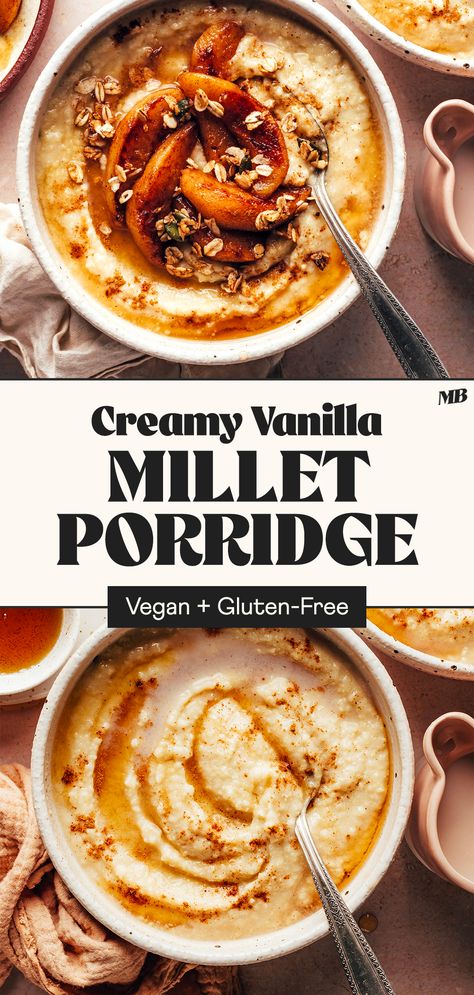 Creamy and comforting millet porridge made with whole grain millet. A warming and subtly sweet breakfast that’s perfect for meal prep. Just 5 ingredients and 1 pot required! Millet Porridge Breakfast, Luteal Breakfast, Millet Recipes Breakfast, Millet Breakfast, Vegan Porridge, Ayurvedic Food, Wheat Porridge, Millet Porridge, How To Make Porridge