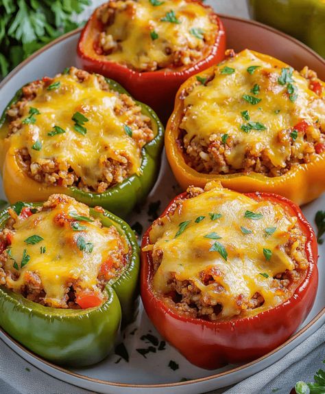 Peppers Filled With Ground Beef, Easy Stuffed Bell Peppers, Stuffed Bell Peppers Ground Beef, Broccoli Cheese Casserole Easy, Bell Peppers Stuffed, Stuffed Peppers Beef, Ritz Cracker Recipes, Stuffed Peppers With Rice, Brown Rice Recipe