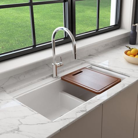 Baveno Lux 34D Milk White Double Bowl Granite Composite Undermount Sink w/ Integrated Workstation and Accessories by BOCCHI Safe, durable and high-quality Italian-made Granite Kitchen Sink. Made of superior food-grade granite that is resistant to stains and dirt thus making it more eco-friendly and easier to clean. Scratch and impact resistant, with color throughout that won’t change or fade even when exposed to prolonged direct sunlight, sound absorbing and quiet, heat insulating and resistant White Kitchen Sink Ideas, White Sink Kitchen, Double Sink Kitchen, Kitchen Sink Options, Sink Options, Kitchen Sink White, Fitted Cabinets, Composite Kitchen Sinks, Granite Composite Sinks