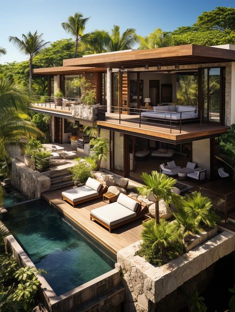 Bali Style House Exterior, Modern Industrial Beach House, Tropical Villas Design, Villa Style Home Exterior, Tropical Villa Exterior, Bali Villa Exterior, Modern House Nature, Cancun House, Modern Tropical House Exterior