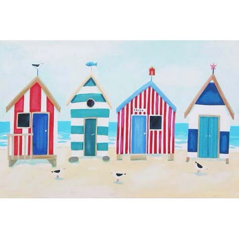 beach huts- Claire Henley Whimsical Beach House, Beach Huts Art, Beach Quilt, Seaside Art, Beach Huts, Beach Shack, Beach Crafts, Happy Paintings, Beach Hut