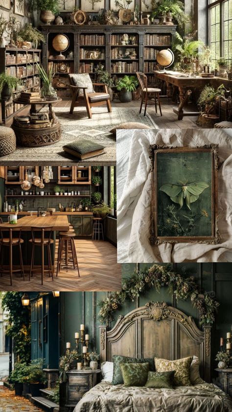 Botanical Academia Aesthetic, Green Academia Decor, Green Academia Room, Earthy Academia, Green Academia Aesthetic, Steampunk Interior Design, Garage Suite, Steampunk Interior, Witchy House