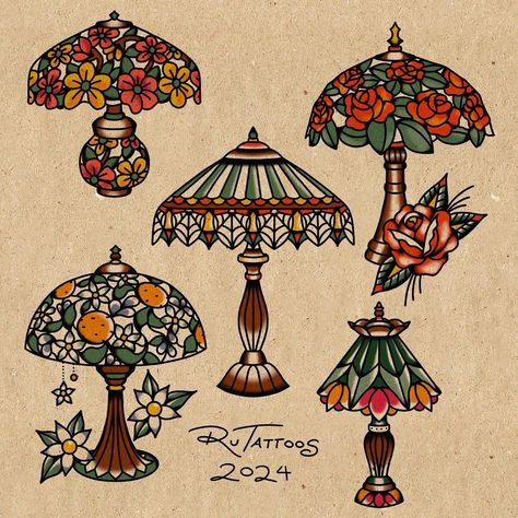 Girly Traditional Tattoo Flash, Traditional Tattoos Women, Traditional Tattoo Drawings, Stained Glass Tattoo, Lamp Tattoo, Whimsical Tattoos, Couples Tattoo, Traditional Tattoo Inspiration, Peacock Feather Tattoo