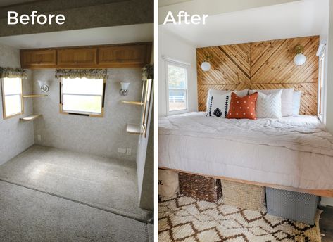 The best RV remodel project ideas that'll make you want to renovate your RV! You can easily makeover your camper on a budget with these 9 RV remodel ideas. Pinning these RV remodel ideas for later! #joyfullygrowingblog #rvremodel #rvmakeover #rvrenovation Rv Bedding, Rv Bedroom, Rv Redo, Camper Remodeling, Camper Redo, Camper Trailer Remodel, Camper Reno, Diy Camper Remodel, Rv Renovation