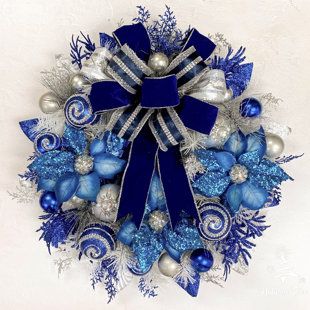 Blue Christmas Wreath, Jeweled Ornaments, Silver Garland, Silver Wreath, Blue Things, Winter Wreaths, Swag Wreath, Christmas Blue, Christmas Tabletop