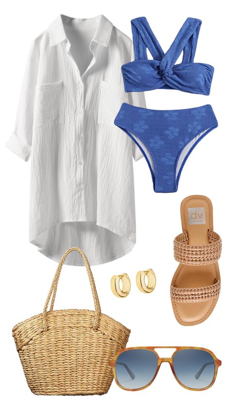 Hampton Beach Outfit, White Coverup Outfit, Blue Outfit Accessories, Lake Attire Style Summer Outfits, Old Money Beach Outfit Women, Memorial Day Lake Outfit, Blue Swimsuit Outfit, Beach Fashion Outfits, Beach Inspired Outfits