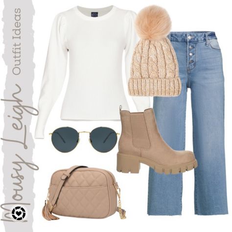 Pom beanie, nude lug sole Chelsea boot, crop wide leg jeans, white sweater, winter outfit, nude crossbody purse Nude Winter Boots, Beige Chelsea Boots Outfit Women, Nude Chelsea Boots Outfit, Cream Chelsea Boots Outfit, Beige Chelsea Boots Outfit, Creme Boots Outfit, Nude Boots Outfit, Lug Boots Outfit, Cream Boots Outfit