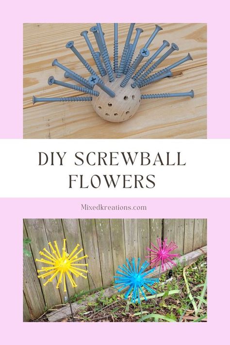 How to make some unique flowers for the yard out of a wooden ball and screws. Flowers Made Out Of Golf Balls And Screws, Screw Ball Flowers, Garden Flowers Made From Screws, Golf Ball Screw Flowers, Golf Ball Garden Art, Diy Screwball Flowers, Flowers Made From Golf Balls And Screws, Unique Garden Art Diy Crafts, Flowers Made Out Of Screws