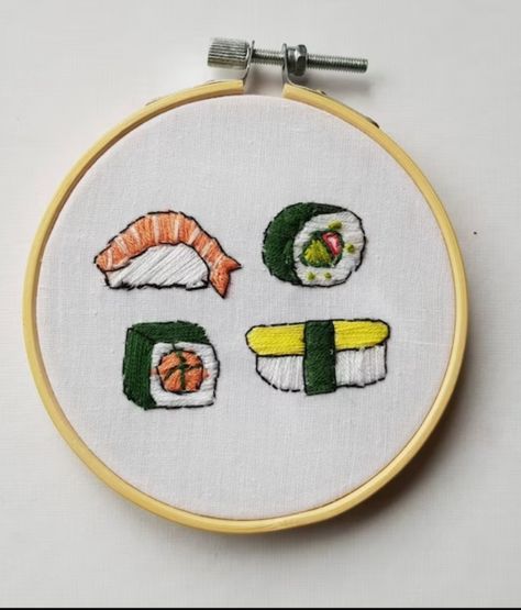 Sushi Embroidery Pattern, Quirky Embroidery Ideas, Silly Embroidery, Sushi Embroidery, Summer Hobbies, Food Embroidery, Embroidery Kitchen Towels, Badges Ideas, Embroidery Kitchen