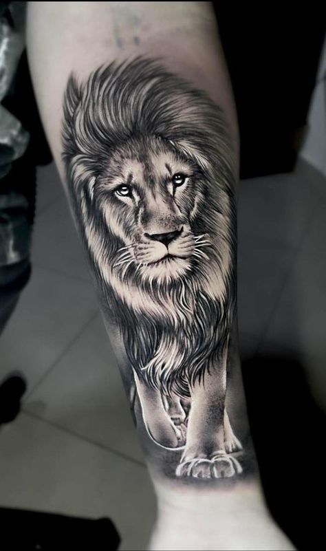 Discover the world of lion tattoos in our article. From deep symbolism and rich history to placement options and best designs. Lion Leg Tattoo, Calf Tattoo Men, Lion Forearm Tattoos, Harley Tattoos, Lion Art Tattoo, Big Cat Tattoo, Lion Tattoo Sleeves, Geometric Sleeve Tattoo, Mens Lion Tattoo