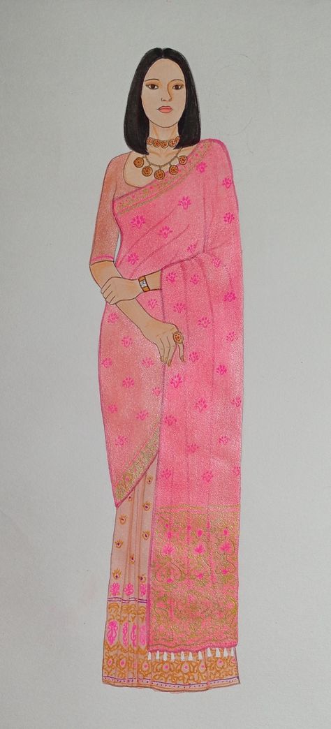 Mekhela sador . Model Dress Drawing, Mekhela Sador, Mekhela Chador, Fashion Drawings, Dress Drawing, Fashion Portfolio, Fashion Drawing, Model Dress, Indian Fashion