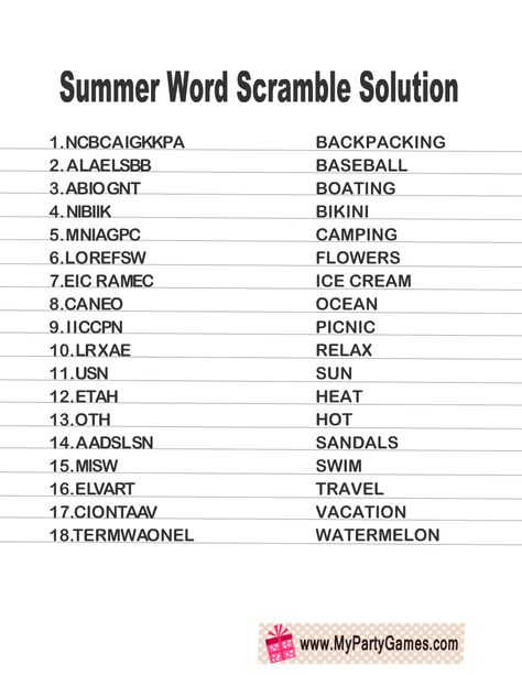 Free Printable Summer Word Scramble Puzzles Word Guessing Games, Scramble Words Game, Scramble Words Worksheet, Scrambled Words Game With Answers, Word Games For Seniors Free Printable, Word Scramble With Answers, Word Scramble, Word Games For Seniors, Word Scramble Games For Adults