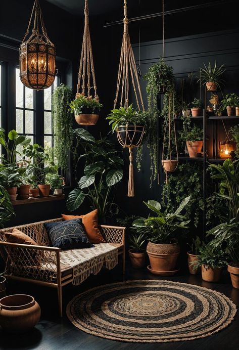 Imagine stepping into a living room where shadows dance gracefully with light, where every corner tells a story of mystique and comfort. This isn't just any Plant Living Room Aesthetic Bohemian, Dark Living Room With Plants, Modern Tea Room Design, Dark Room With Plants, Black Plant Wall, Dark Colored Living Rooms Ideas, Dark Plant Room Aesthetic, Dark Plant Room, Plant Aesthetic Living Room