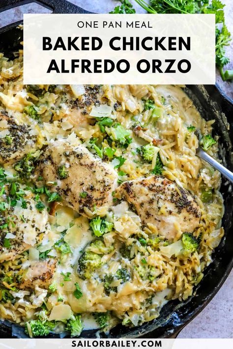 Baked Chicken Alfredo Orzo is the perfect weeknight meal. It's savory, creamy and full of parmesan flavor. Everything is baked in one pan! via @sailor_bailey Alfredo Orzo Recipes, Baked Chicken With Orzo, Baked Orzo With Chicken, Chicken Orzo Bake One Pot, Baked Chicken And Orzo, One Pan Chicken Orzo Bake, Oven Baked Chicken And Orzo, Alfredo Orzo, Orzo Easy